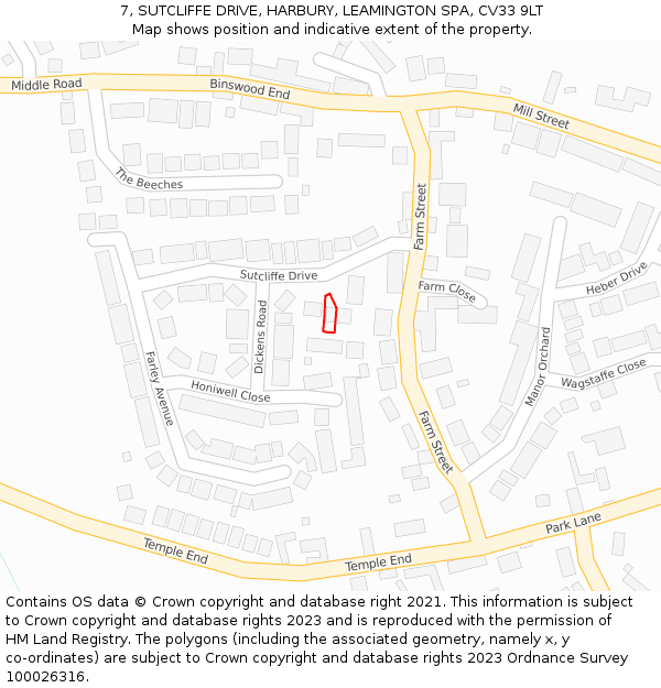 7, SUTCLIFFE DRIVE, HARBURY, LEAMINGTON SPA, CV33 9LT: Location map and indicative extent of plot