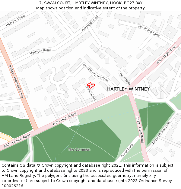 7, SWAN COURT, HARTLEY WINTNEY, HOOK, RG27 8XY: Location map and indicative extent of plot