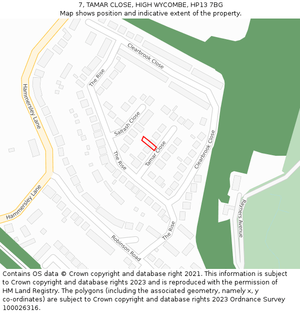 7, TAMAR CLOSE, HIGH WYCOMBE, HP13 7BG: Location map and indicative extent of plot
