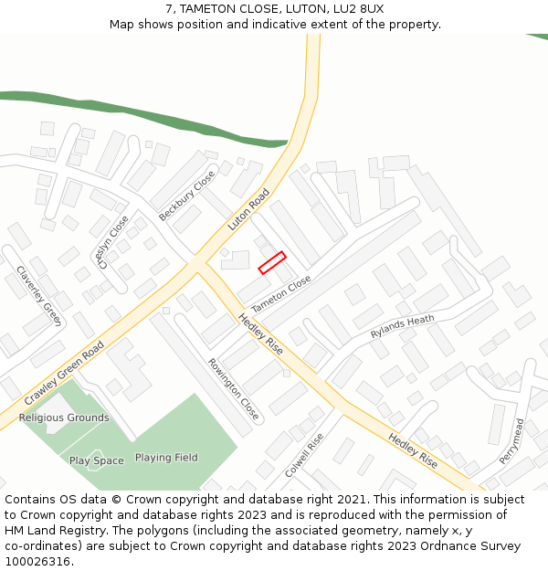 7, TAMETON CLOSE, LUTON, LU2 8UX: Location map and indicative extent of plot