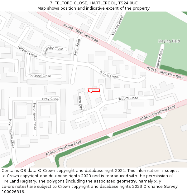 7, TELFORD CLOSE, HARTLEPOOL, TS24 0UE: Location map and indicative extent of plot