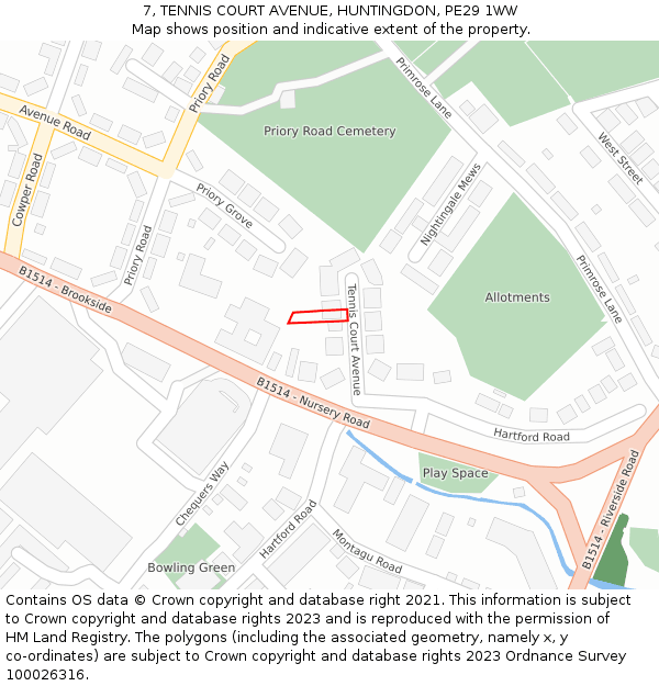 7, TENNIS COURT AVENUE, HUNTINGDON, PE29 1WW: Location map and indicative extent of plot