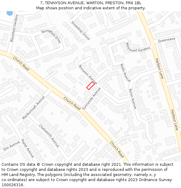 7, TENNYSON AVENUE, WARTON, PRESTON, PR4 1BL: Location map and indicative extent of plot