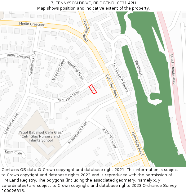7, TENNYSON DRIVE, BRIDGEND, CF31 4PU: Location map and indicative extent of plot