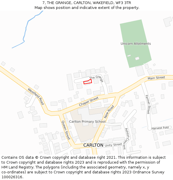 7, THE GRANGE, CARLTON, WAKEFIELD, WF3 3TR: Location map and indicative extent of plot