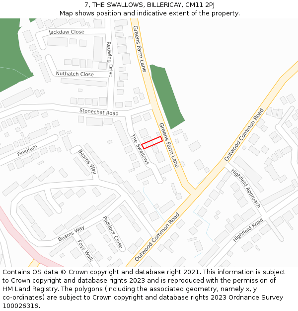 7, THE SWALLOWS, BILLERICAY, CM11 2PJ: Location map and indicative extent of plot
