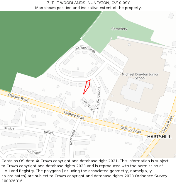 7, THE WOODLANDS, NUNEATON, CV10 0SY: Location map and indicative extent of plot