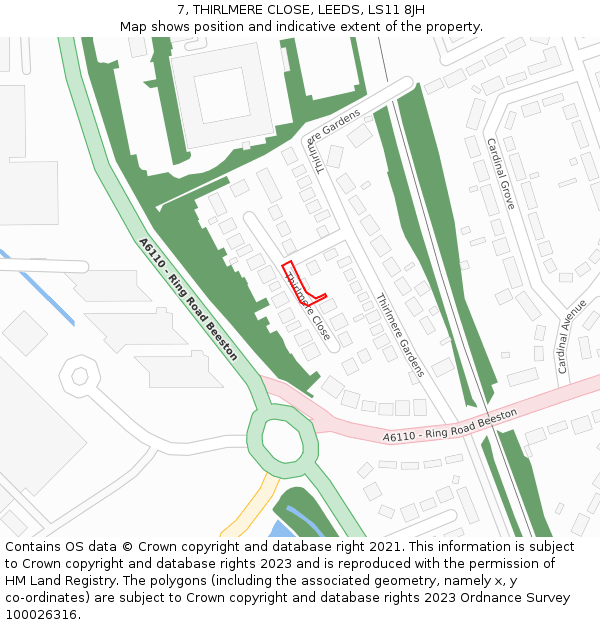 7, THIRLMERE CLOSE, LEEDS, LS11 8JH: Location map and indicative extent of plot