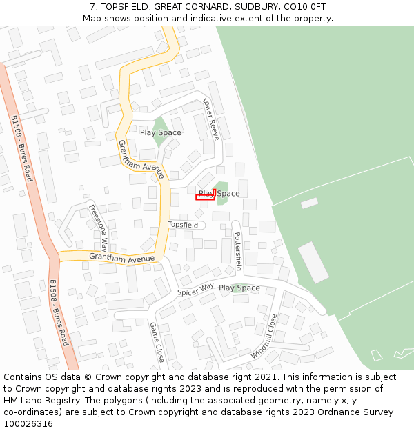 7, TOPSFIELD, GREAT CORNARD, SUDBURY, CO10 0FT: Location map and indicative extent of plot
