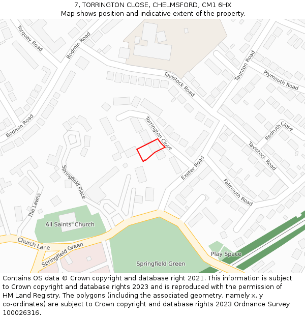 7, TORRINGTON CLOSE, CHELMSFORD, CM1 6HX: Location map and indicative extent of plot