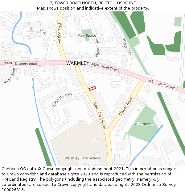 7, TOWER ROAD NORTH, BRISTOL, BS30 8YE: Location map and indicative extent of plot