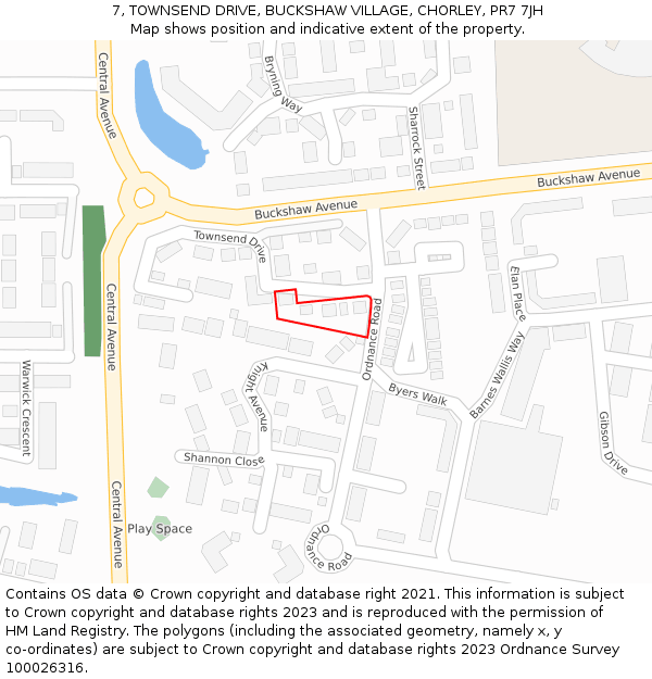 7, TOWNSEND DRIVE, BUCKSHAW VILLAGE, CHORLEY, PR7 7JH: Location map and indicative extent of plot