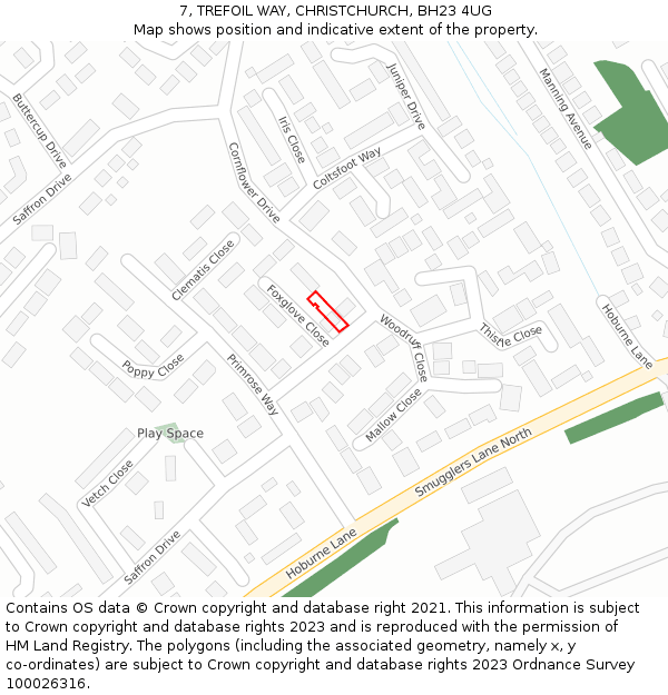 7, TREFOIL WAY, CHRISTCHURCH, BH23 4UG: Location map and indicative extent of plot