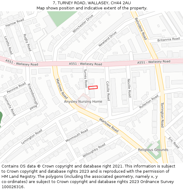 7, TURNEY ROAD, WALLASEY, CH44 2AU: Location map and indicative extent of plot