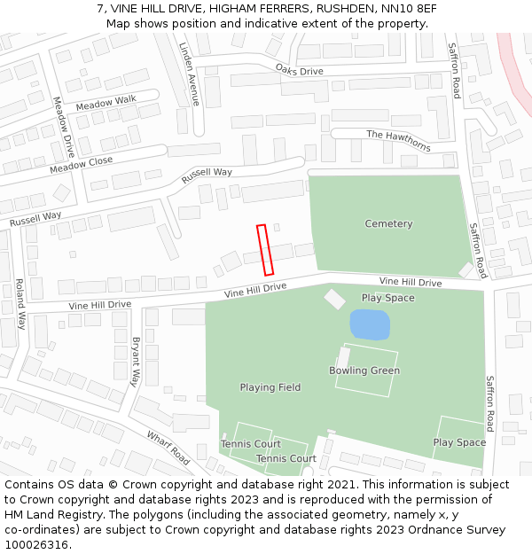 7, VINE HILL DRIVE, HIGHAM FERRERS, RUSHDEN, NN10 8EF: Location map and indicative extent of plot