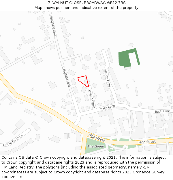 7, WALNUT CLOSE, BROADWAY, WR12 7BS: Location map and indicative extent of plot