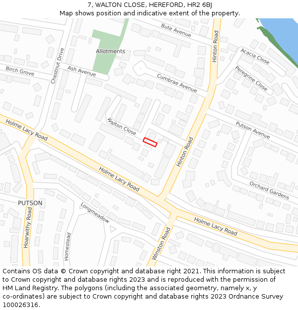 7, WALTON CLOSE, HEREFORD, HR2 6BJ: Location map and indicative extent of plot