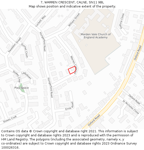 7, WARREN CRESCENT, CALNE, SN11 9BL: Location map and indicative extent of plot