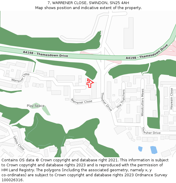 7, WARRENER CLOSE, SWINDON, SN25 4AH: Location map and indicative extent of plot