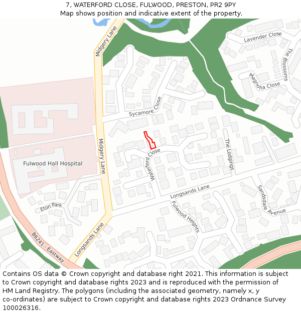 7, WATERFORD CLOSE, FULWOOD, PRESTON, PR2 9PY: Location map and indicative extent of plot