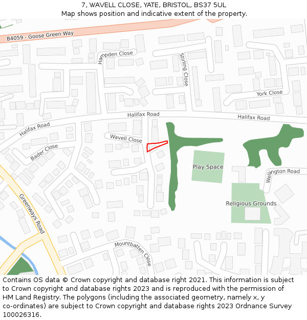 7, WAVELL CLOSE, YATE, BRISTOL, BS37 5UL: Location map and indicative extent of plot
