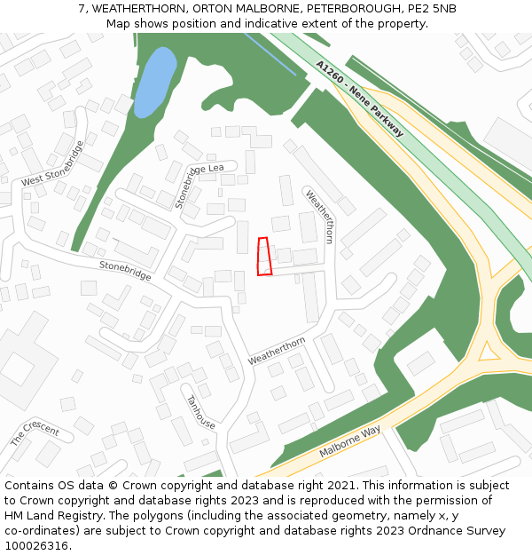 7, WEATHERTHORN, ORTON MALBORNE, PETERBOROUGH, PE2 5NB: Location map and indicative extent of plot