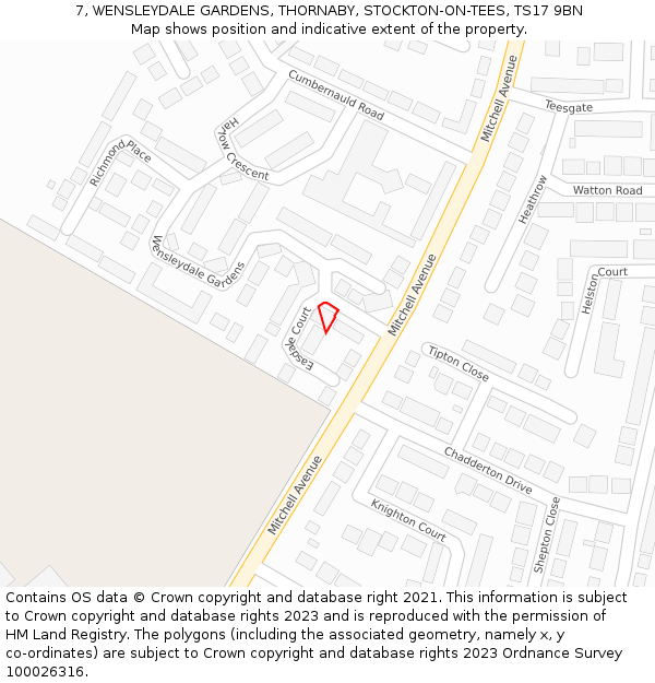 7, WENSLEYDALE GARDENS, THORNABY, STOCKTON-ON-TEES, TS17 9BN: Location map and indicative extent of plot