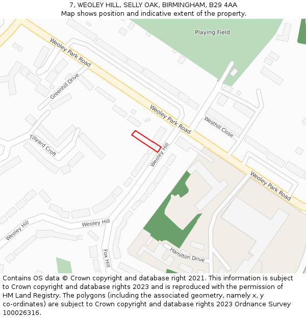 7, WEOLEY HILL, SELLY OAK, BIRMINGHAM, B29 4AA: Location map and indicative extent of plot