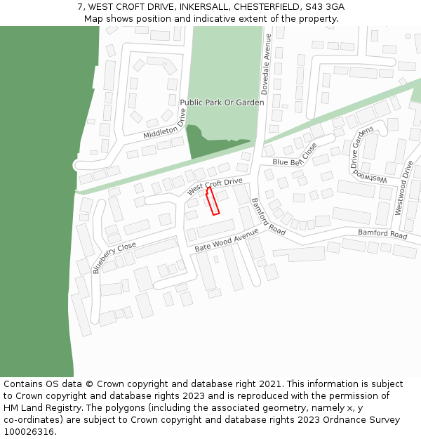 7, WEST CROFT DRIVE, INKERSALL, CHESTERFIELD, S43 3GA: Location map and indicative extent of plot