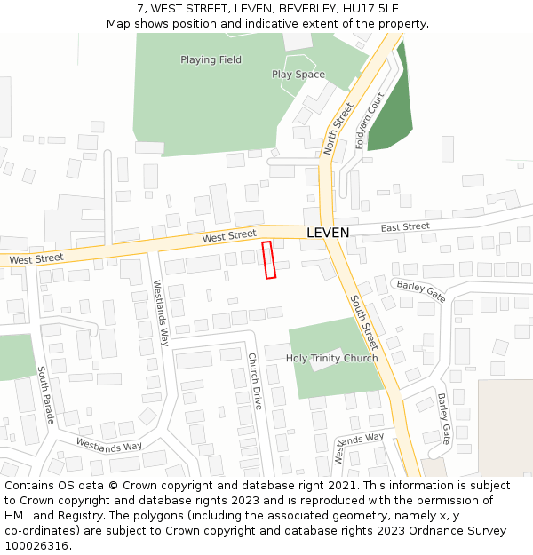 7, WEST STREET, LEVEN, BEVERLEY, HU17 5LE: Location map and indicative extent of plot