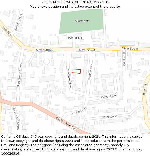 7, WESTACRE ROAD, CHEDDAR, BS27 3LD: Location map and indicative extent of plot