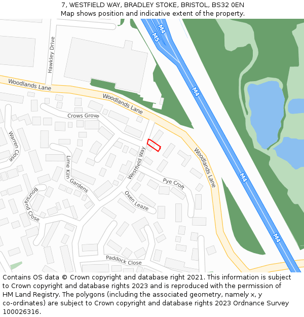 7, WESTFIELD WAY, BRADLEY STOKE, BRISTOL, BS32 0EN: Location map and indicative extent of plot