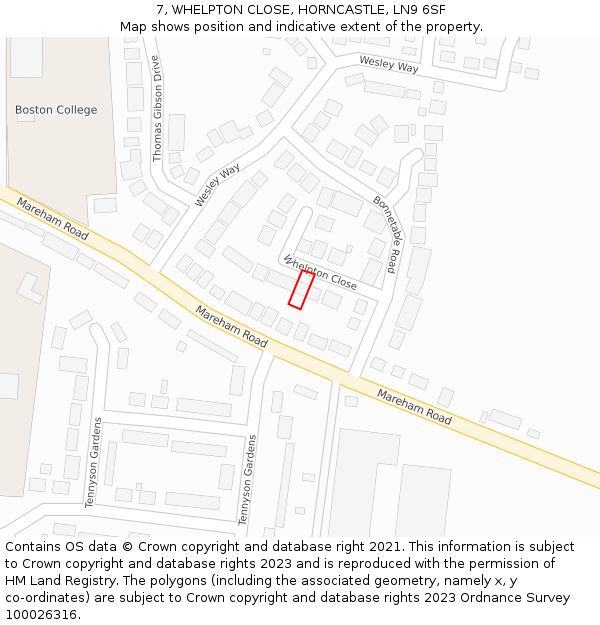 7, WHELPTON CLOSE, HORNCASTLE, LN9 6SF: Location map and indicative extent of plot