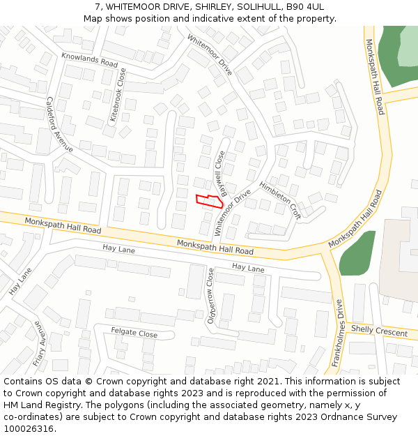7, WHITEMOOR DRIVE, SHIRLEY, SOLIHULL, B90 4UL: Location map and indicative extent of plot