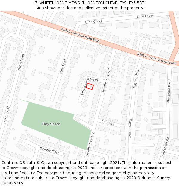 7, WHITETHORNE MEWS, THORNTON-CLEVELEYS, FY5 5DT: Location map and indicative extent of plot