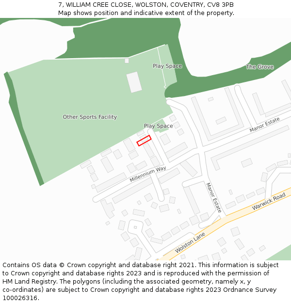 7, WILLIAM CREE CLOSE, WOLSTON, COVENTRY, CV8 3PB: Location map and indicative extent of plot