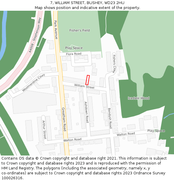7, WILLIAM STREET, BUSHEY, WD23 2HU: Location map and indicative extent of plot