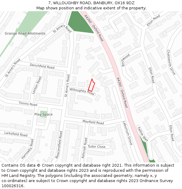 7, WILLOUGHBY ROAD, BANBURY, OX16 9DZ: Location map and indicative extent of plot