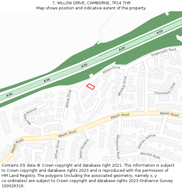 7, WILLOW DRIVE, CAMBORNE, TR14 7HR: Location map and indicative extent of plot