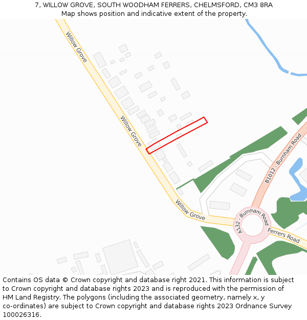7, WILLOW GROVE, SOUTH WOODHAM FERRERS, CHELMSFORD, CM3 8RA: Location map and indicative extent of plot
