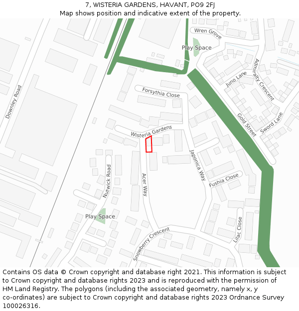 7, WISTERIA GARDENS, HAVANT, PO9 2FJ: Location map and indicative extent of plot