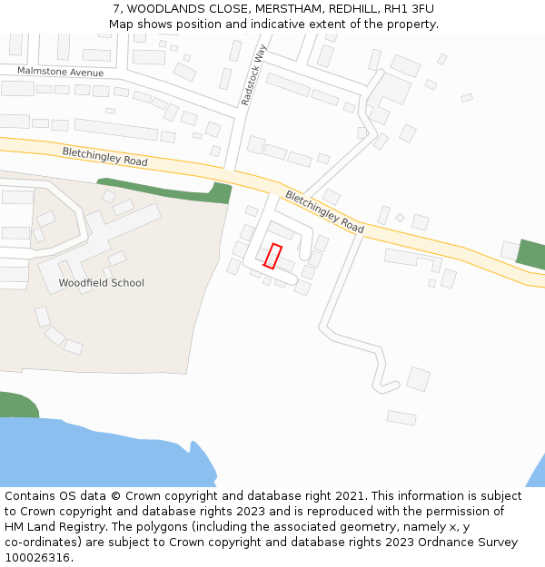 7, WOODLANDS CLOSE, MERSTHAM, REDHILL, RH1 3FU: Location map and indicative extent of plot