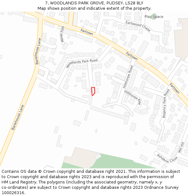 7, WOODLANDS PARK GROVE, PUDSEY, LS28 8LY: Location map and indicative extent of plot