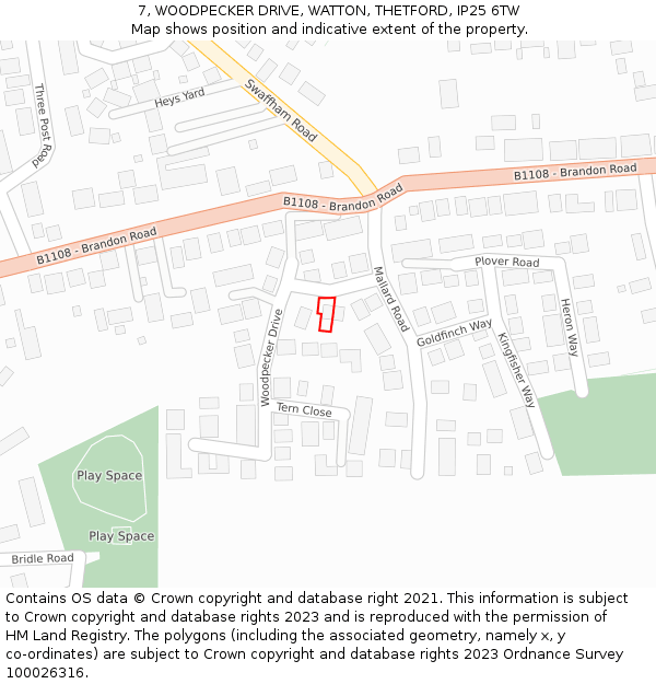 7, WOODPECKER DRIVE, WATTON, THETFORD, IP25 6TW: Location map and indicative extent of plot