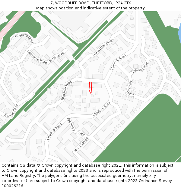 7, WOODRUFF ROAD, THETFORD, IP24 2TX: Location map and indicative extent of plot