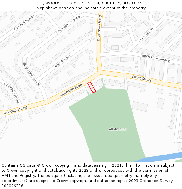7, WOODSIDE ROAD, SILSDEN, KEIGHLEY, BD20 0BN: Location map and indicative extent of plot