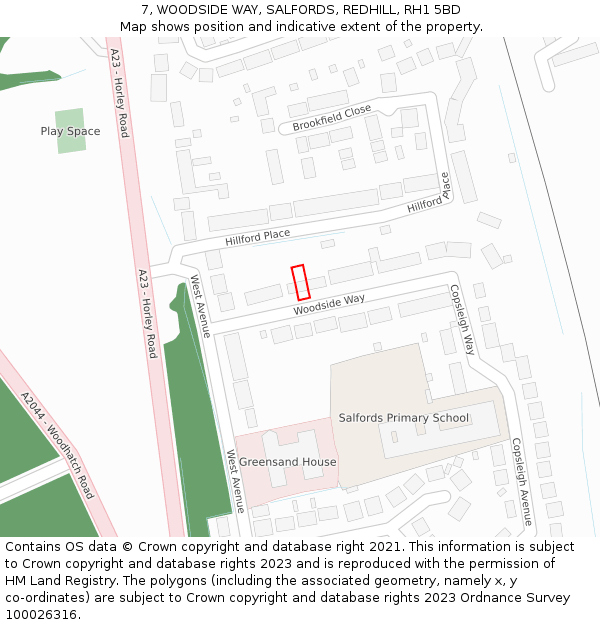 7, WOODSIDE WAY, SALFORDS, REDHILL, RH1 5BD: Location map and indicative extent of plot