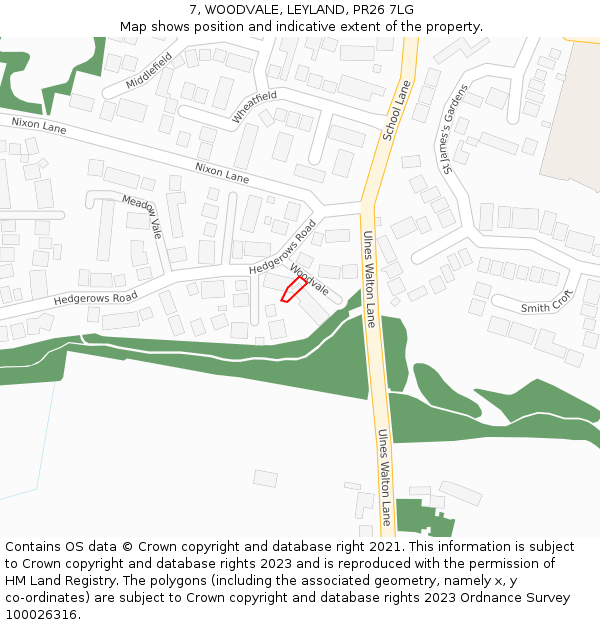7, WOODVALE, LEYLAND, PR26 7LG: Location map and indicative extent of plot