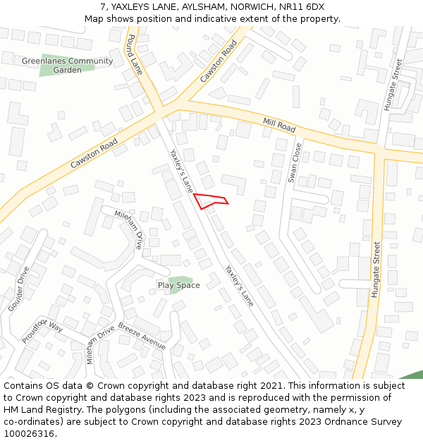 7, YAXLEYS LANE, AYLSHAM, NORWICH, NR11 6DX: Location map and indicative extent of plot
