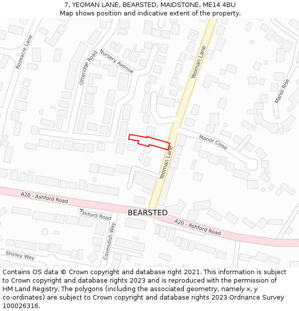 7, YEOMAN LANE, BEARSTED, MAIDSTONE, ME14 4BU: Location map and indicative extent of plot